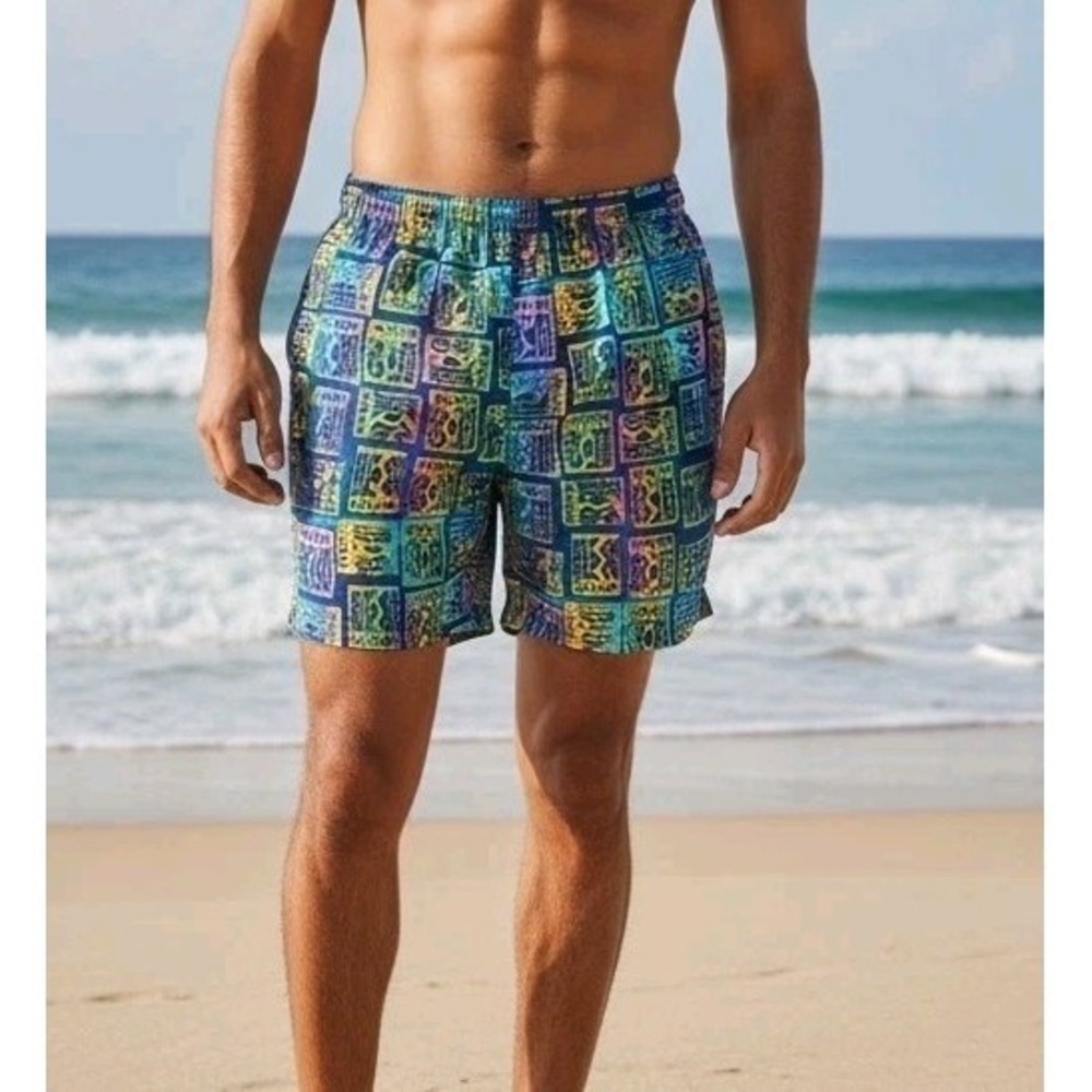 Vintage 90s Sea Waves Geometric Hawaiian Swim Trunks Excellent Condition Sz L